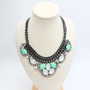 Vintage Premier Designs Gunmetal Chain Bib Necklace Green & White Rhinestones